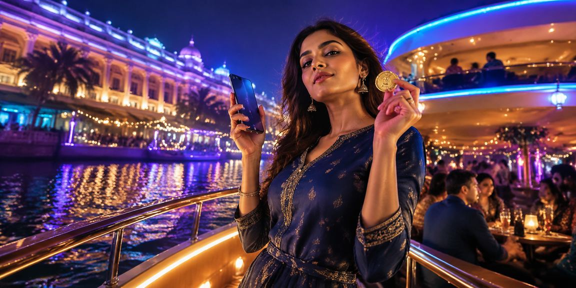Young woman using mobile payment app in Delhi's Connaught Place