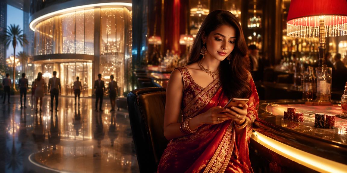 Woman playing online Rummy on mobile device in India